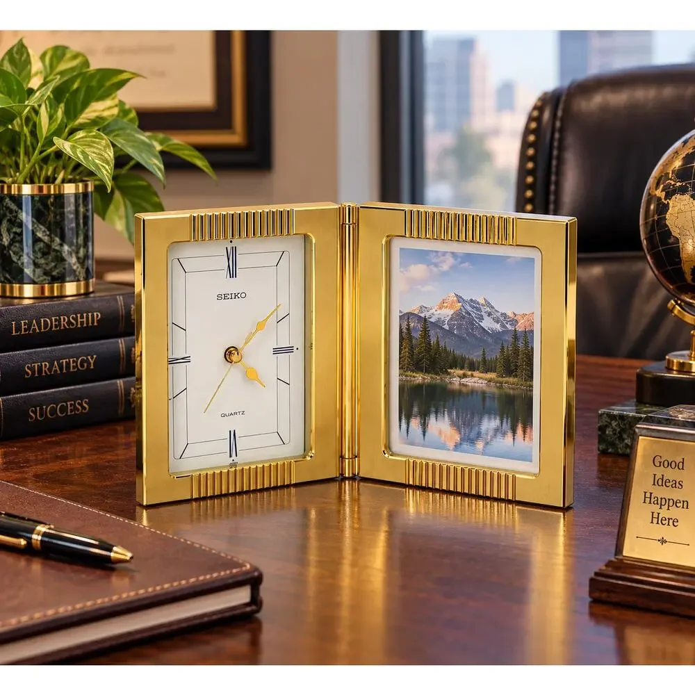 Vintage Seiko Gold Folding Picture Frame Quartz Clock NOS Japan